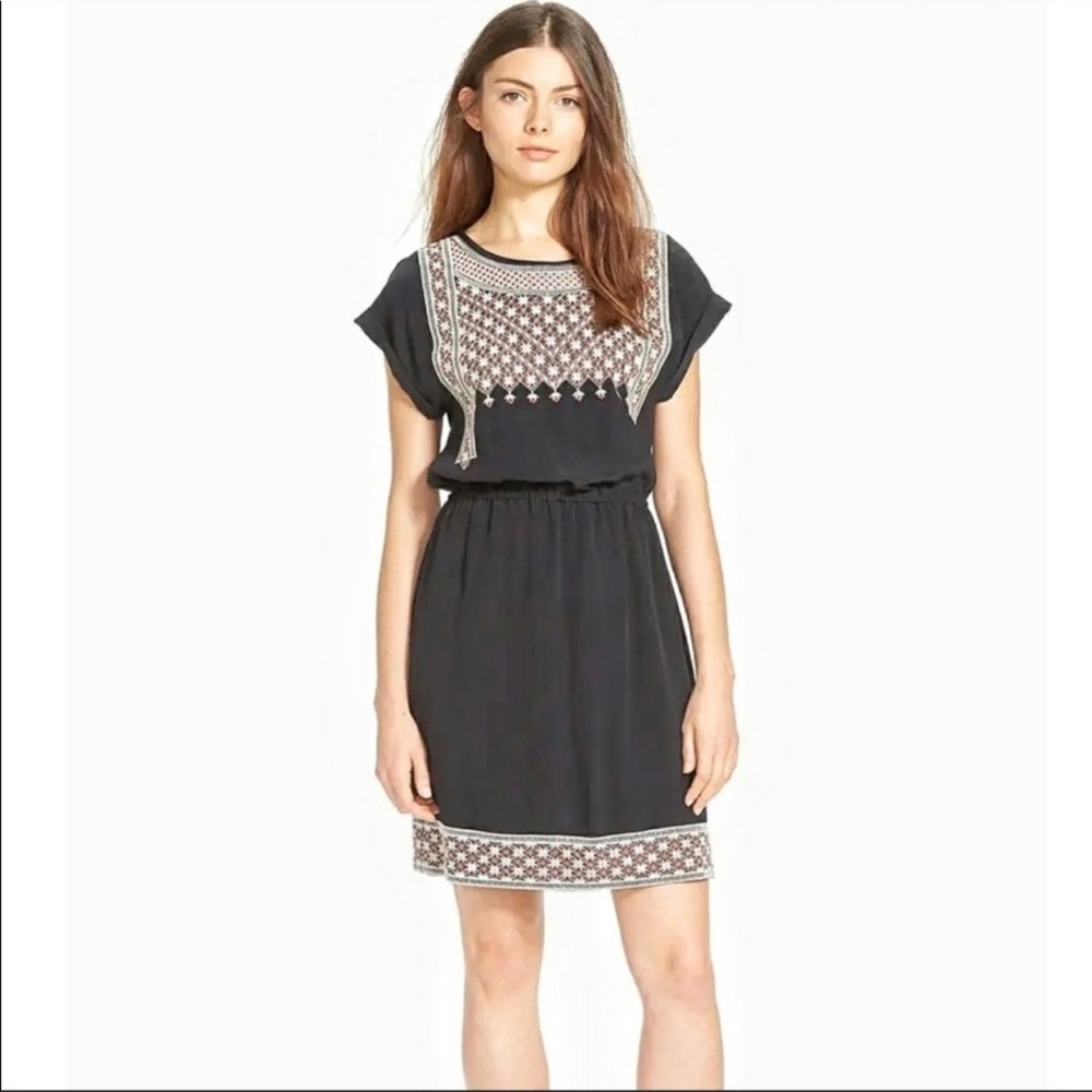 Madewell Black Dress with White and Brown Embroidery